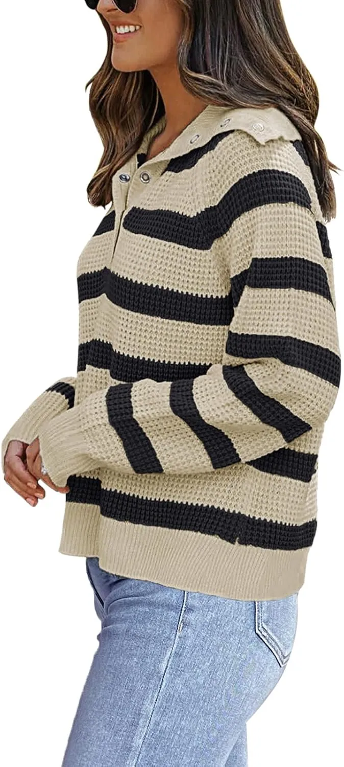 PINKMSTYLE Womens Striped Sweaters Button Henley Neck Long Sleeve Knitted Oversized Pullover Tops Fashion Fall Shirts