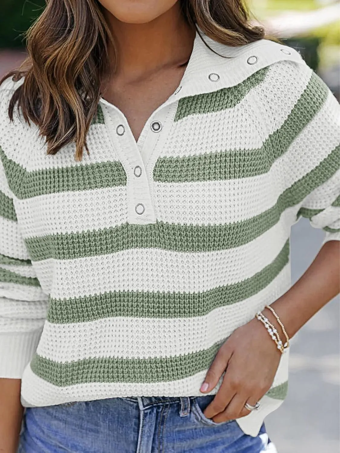 PINKMSTYLE Womens Striped Sweaters Button Henley Neck Long Sleeve Knitted Oversized Pullover Tops Fashion Fall Shirts