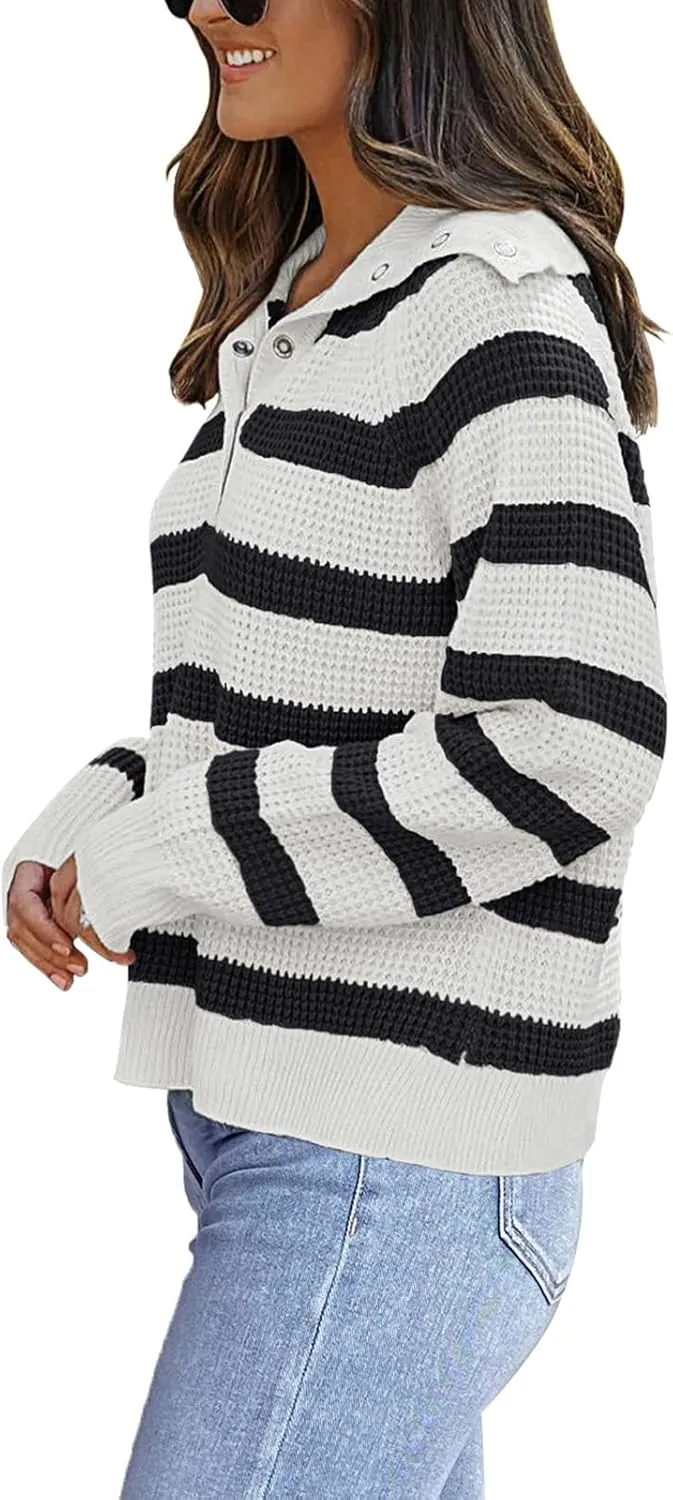 PINKMSTYLE Womens Striped Sweaters Button Henley Neck Long Sleeve Knitted Oversized Pullover Tops Fashion Fall Shirts