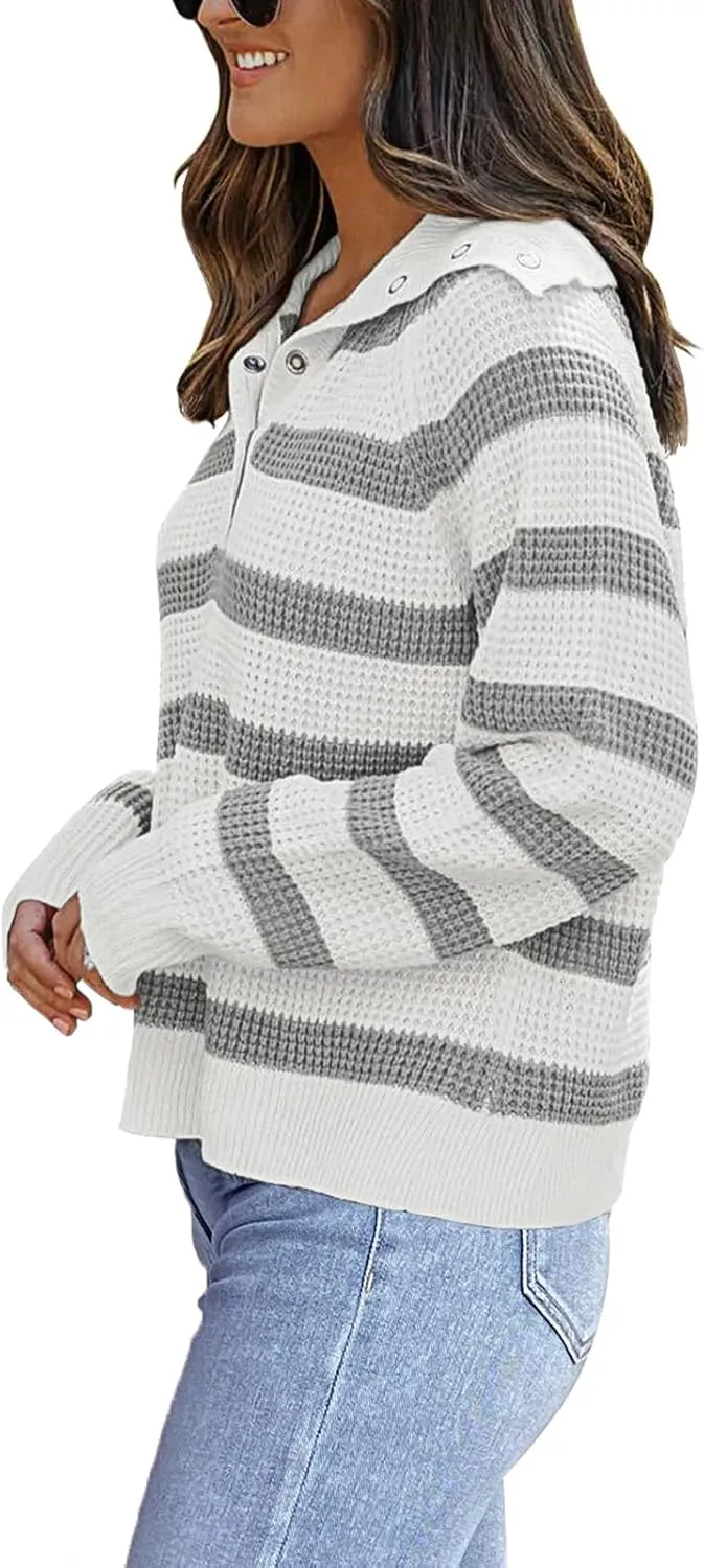 PINKMSTYLE Womens Striped Sweaters Button Henley Neck Long Sleeve Knitted Oversized Pullover Tops Fashion Fall Shirts