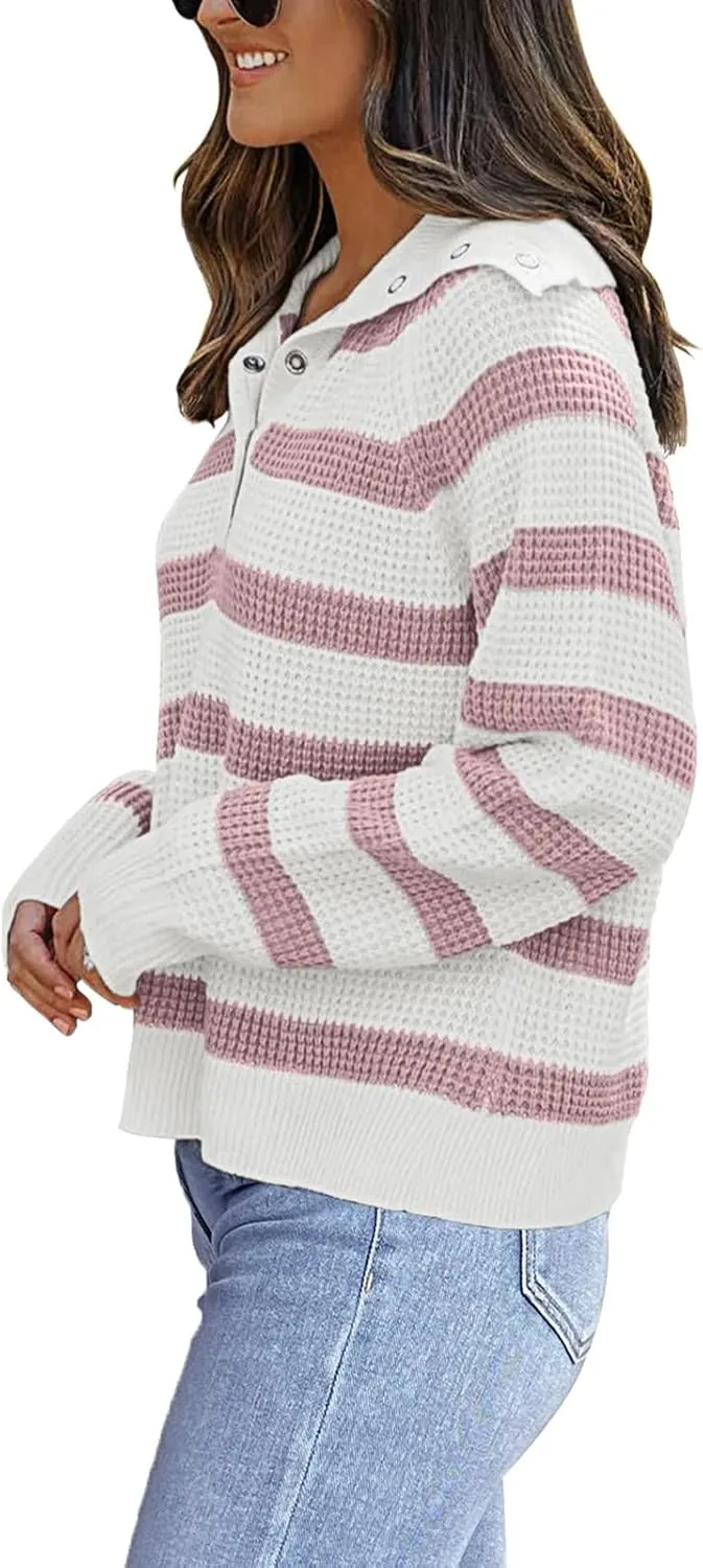 PINKMSTYLE Womens Striped Sweaters Button Henley Neck Long Sleeve Knitted Oversized Pullover Tops Fashion Fall Shirts