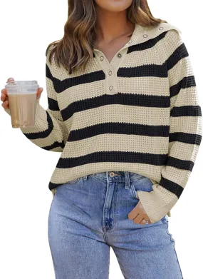 PINKMSTYLE Womens Striped Sweaters Button Henley Neck Long Sleeve Knitted Oversized Pullover Tops Fashion Fall Shirts