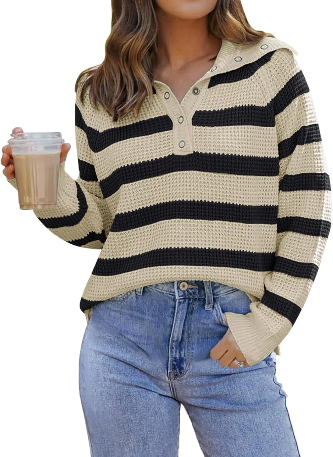 PINKMSTYLE Womens Striped Sweaters Button Henley Neck Long Sleeve Knitted Oversized Pullover Tops Fashion Fall Shirts