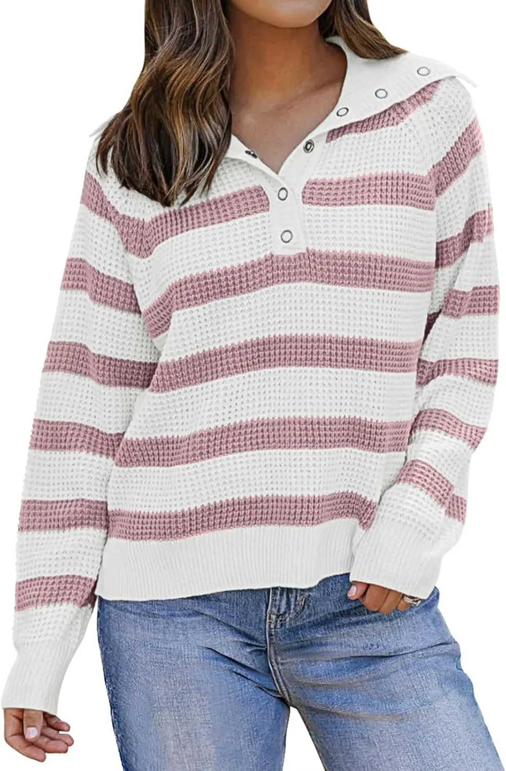 PINKMSTYLE Womens Striped Sweaters Button Henley Neck Long Sleeve Knitted Oversized Pullover Tops Fashion Fall Shirts