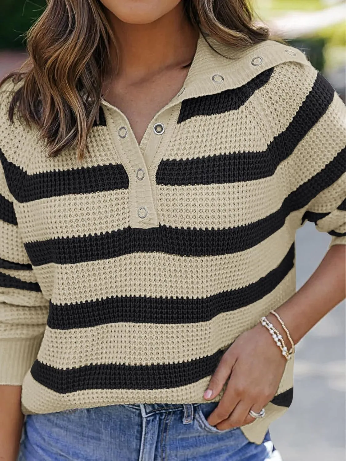 PINKMSTYLE Womens Striped Sweaters Button Henley Neck Long Sleeve Knitted Oversized Pullover Tops Fashion Fall Shirts