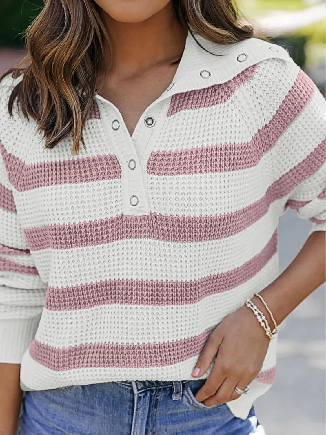 PINKMSTYLE Womens Striped Sweaters Button Henley Neck Long Sleeve Knitted Oversized Pullover Tops Fashion Fall Shirts