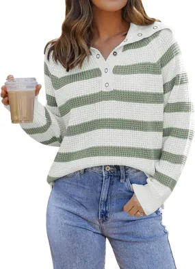 PINKMSTYLE Womens Striped Sweaters Button Henley Neck Long Sleeve Knitted Oversized Pullover Tops Fashion Fall Shirts
