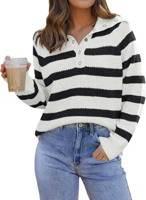 PINKMSTYLE Womens Striped Sweaters Button Henley Neck Long Sleeve Knitted Oversized Pullover Tops Fashion Fall Shirts