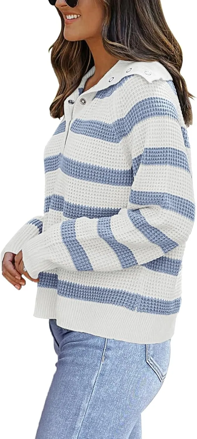 PINKMSTYLE Womens Striped Sweaters Button Henley Neck Long Sleeve Knitted Oversized Pullover Tops Fashion Fall Shirts