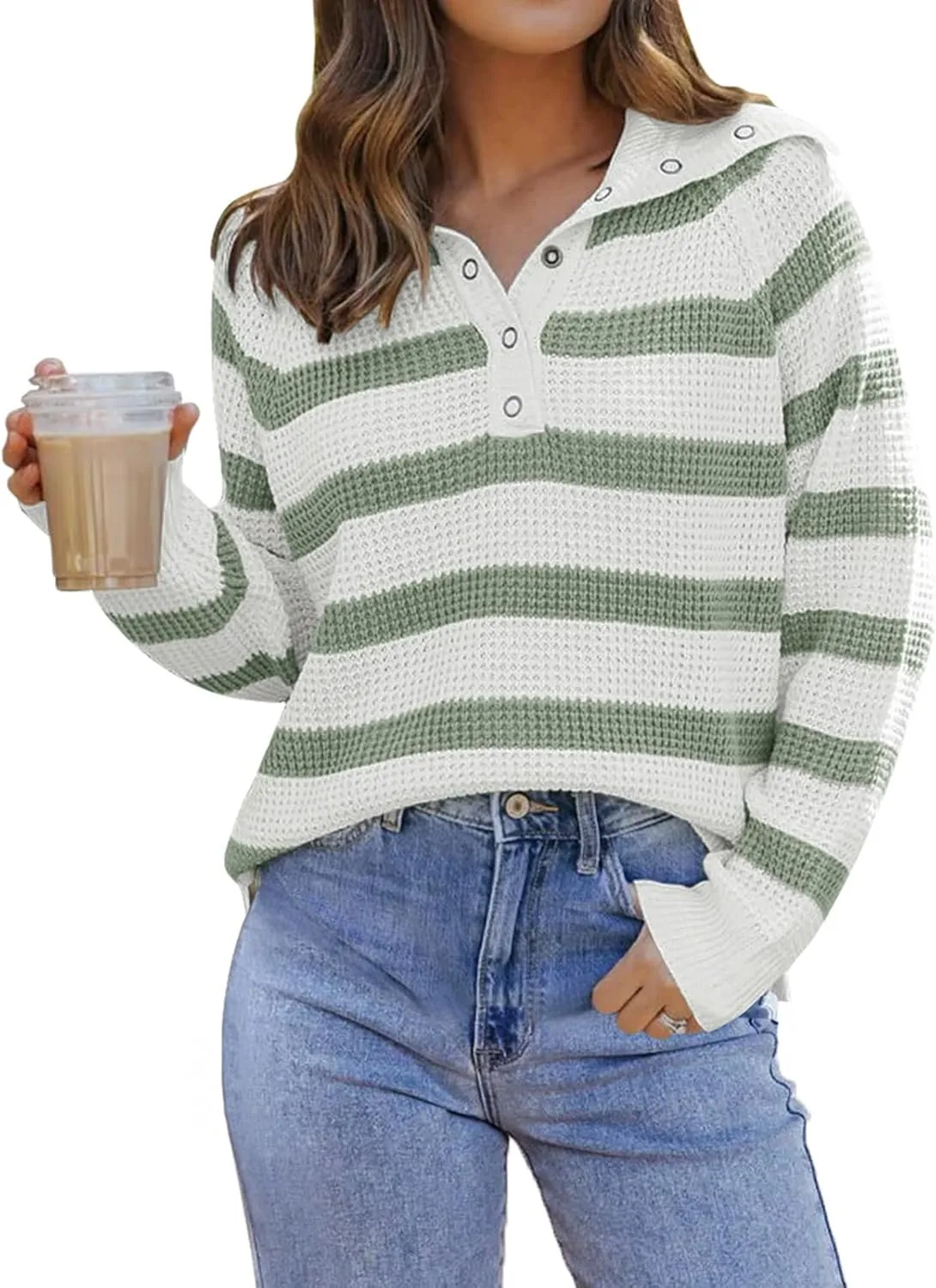 PINKMSTYLE Womens Striped Sweaters Button Henley Neck Long Sleeve Knitted Oversized Pullover Tops Fashion Fall Shirts