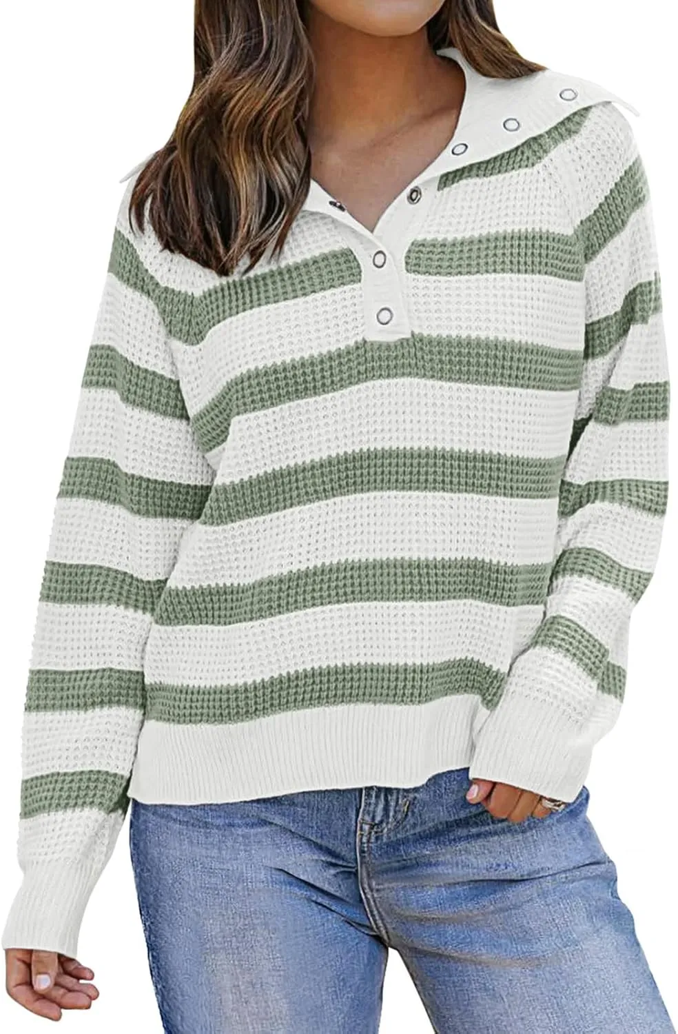 PINKMSTYLE Womens Striped Sweaters Button Henley Neck Long Sleeve Knitted Oversized Pullover Tops Fashion Fall Shirts