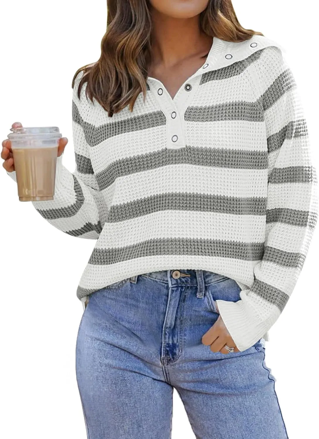 PINKMSTYLE Womens Striped Sweaters Button Henley Neck Long Sleeve Knitted Oversized Pullover Tops Fashion Fall Shirts