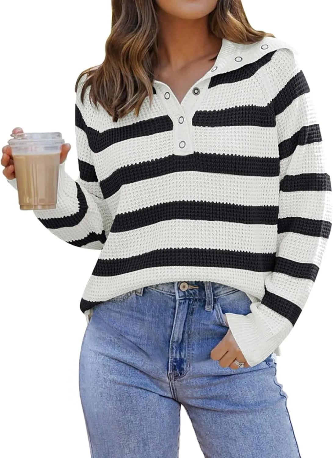 PINKMSTYLE Womens Striped Sweaters Button Henley Neck Long Sleeve Knitted Oversized Pullover Tops Fashion Fall Shirts