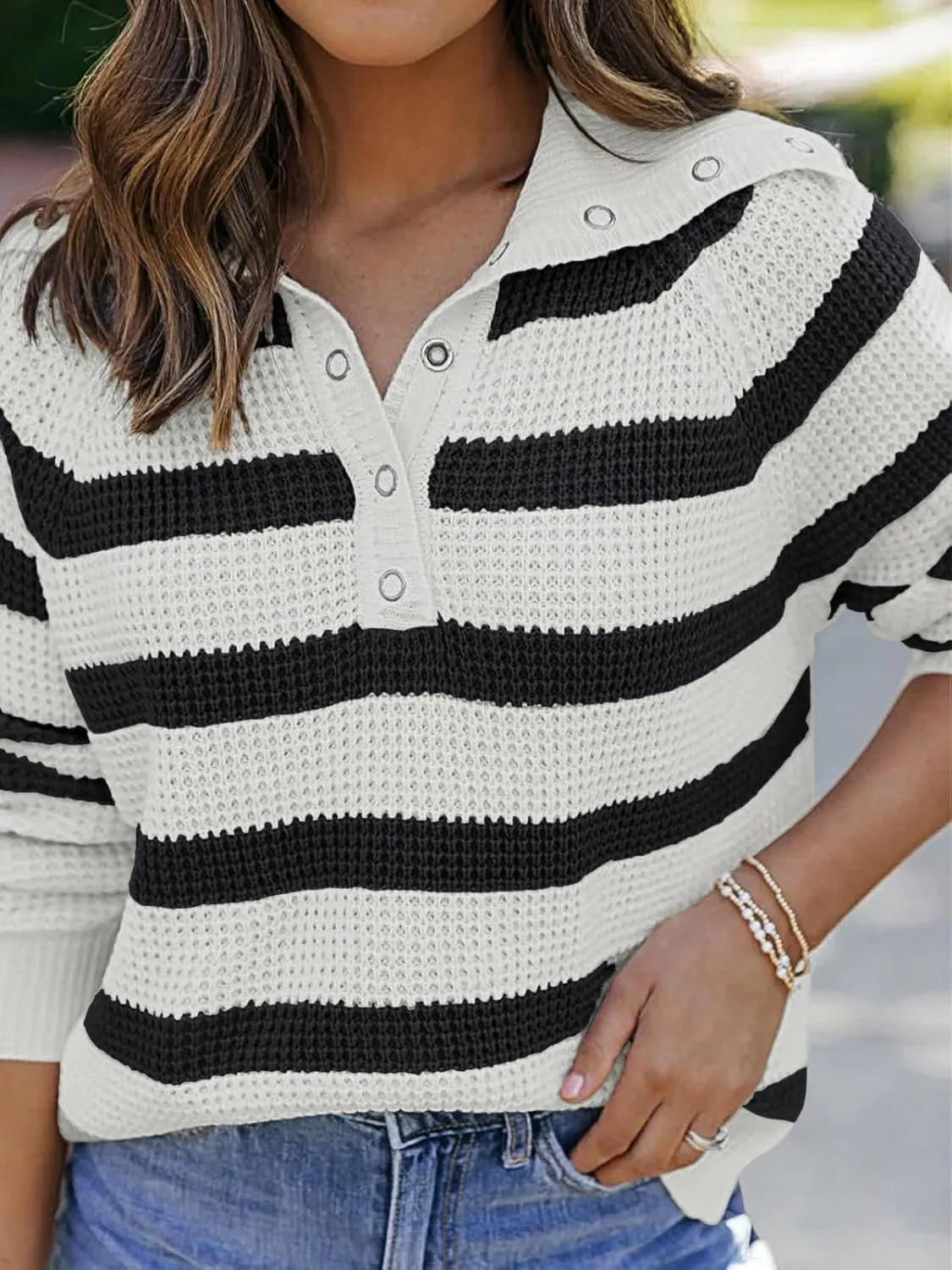 PINKMSTYLE Womens Striped Sweaters Button Henley Neck Long Sleeve Knitted Oversized Pullover Tops Fashion Fall Shirts