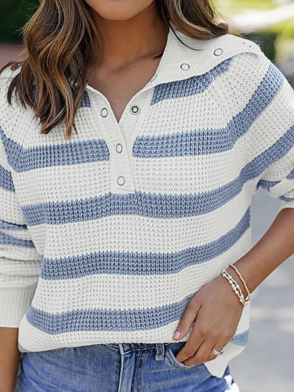 PINKMSTYLE Womens Striped Sweaters Button Henley Neck Long Sleeve Knitted Oversized Pullover Tops Fashion Fall Shirts