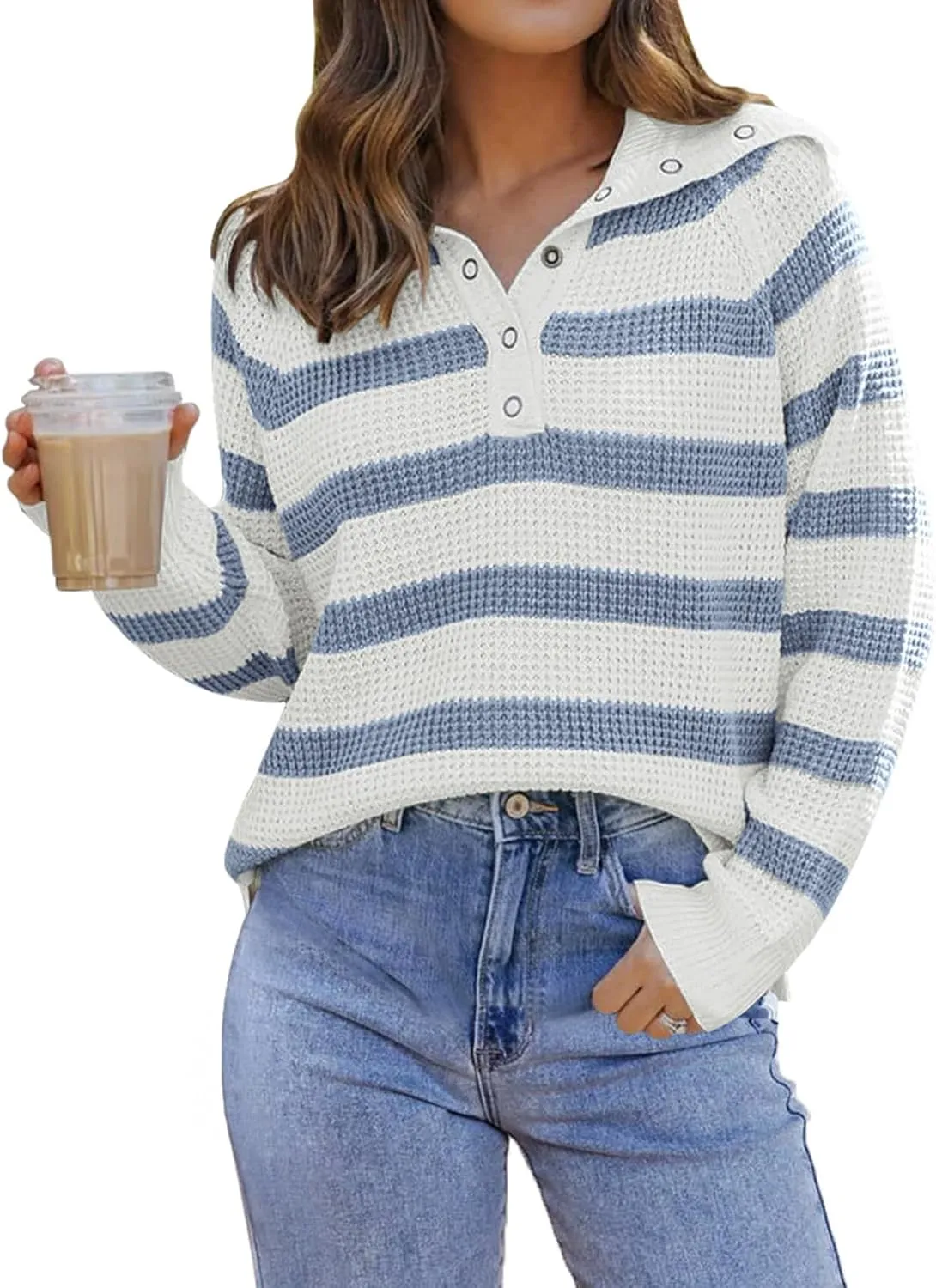 PINKMSTYLE Womens Striped Sweaters Button Henley Neck Long Sleeve Knitted Oversized Pullover Tops Fashion Fall Shirts