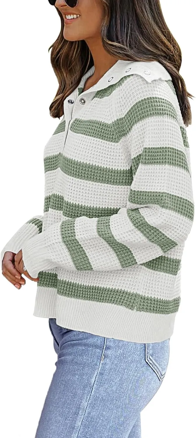 PINKMSTYLE Womens Striped Sweaters Button Henley Neck Long Sleeve Knitted Oversized Pullover Tops Fashion Fall Shirts