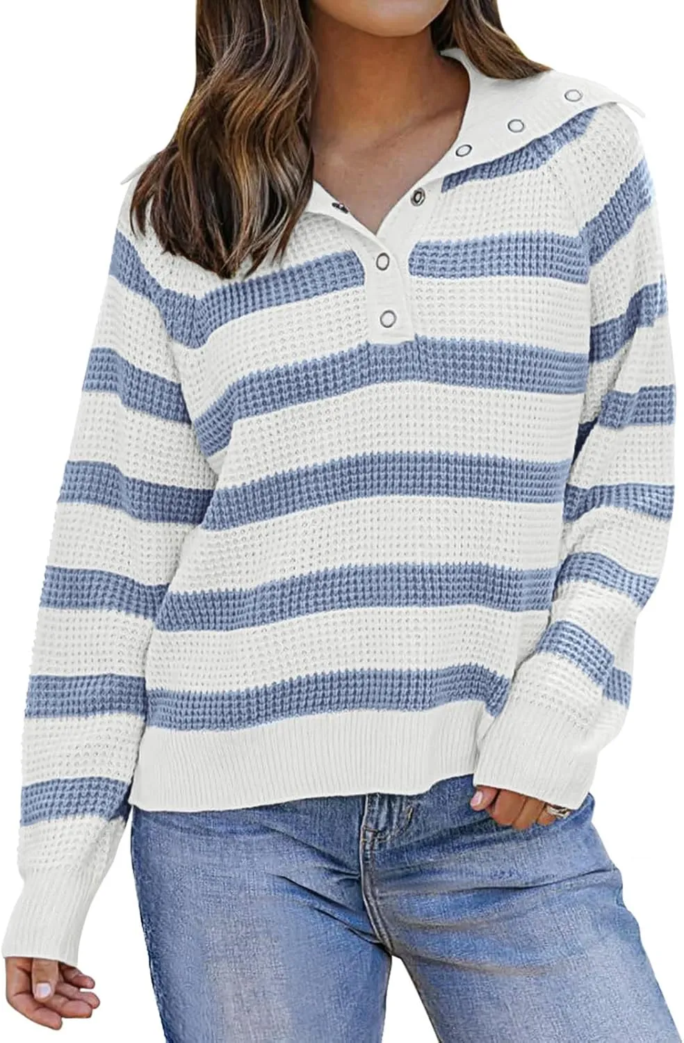PINKMSTYLE Womens Striped Sweaters Button Henley Neck Long Sleeve Knitted Oversized Pullover Tops Fashion Fall Shirts