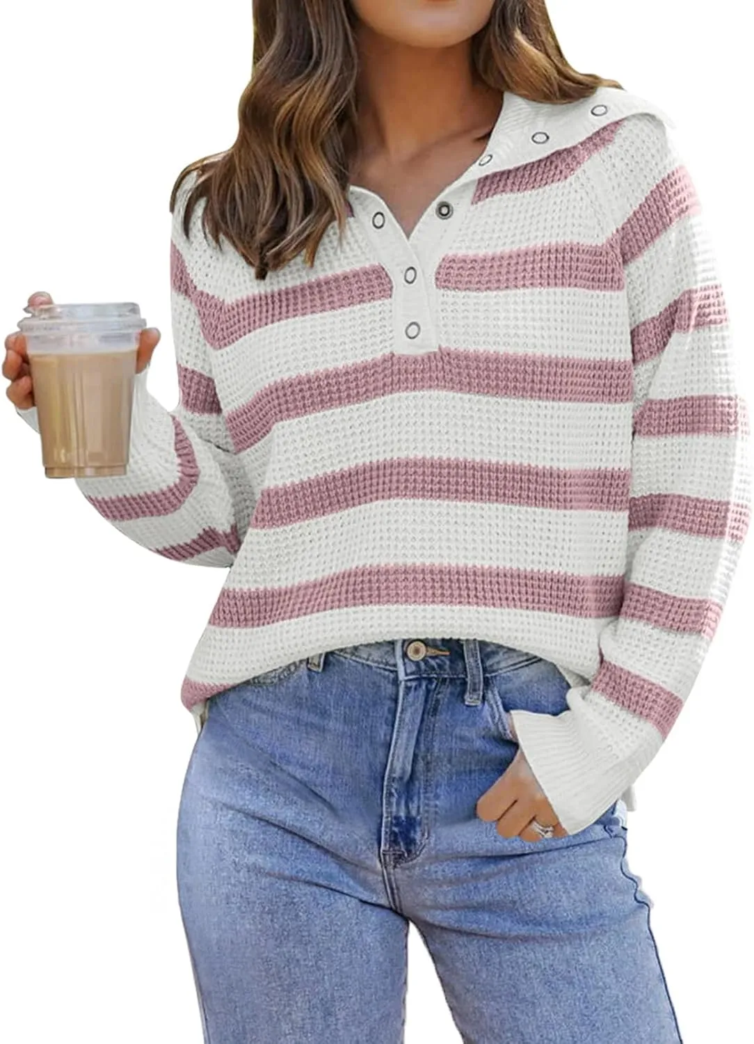 PINKMSTYLE Womens Striped Sweaters Button Henley Neck Long Sleeve Knitted Oversized Pullover Tops Fashion Fall Shirts