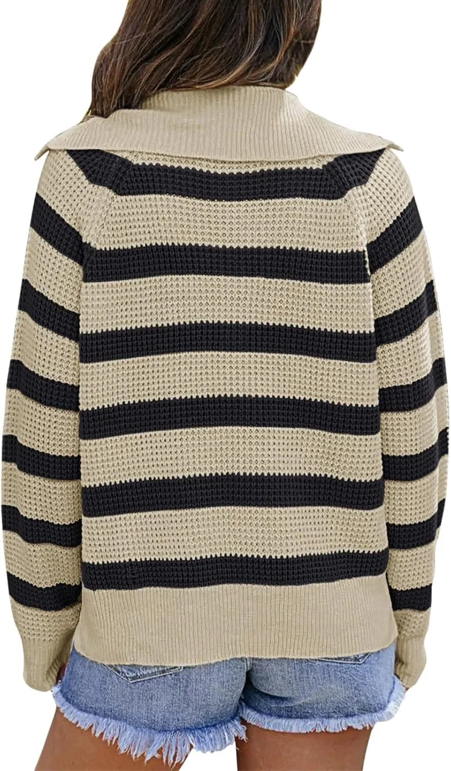 PINKMSTYLE Womens Striped Sweaters Button Henley Neck Long Sleeve Knitted Oversized Pullover Tops Fashion Fall Shirts