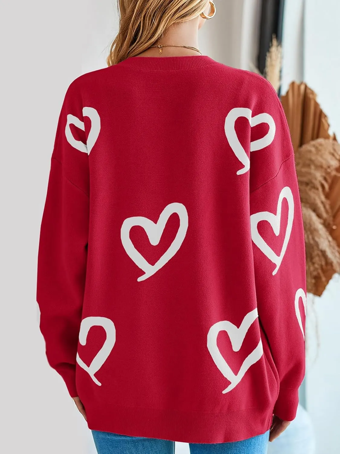 Saodimallsu Womens Oversized Heart Sweater Crew Neck Long Sleeve Knit Cute Valentines Pullover Sweaters