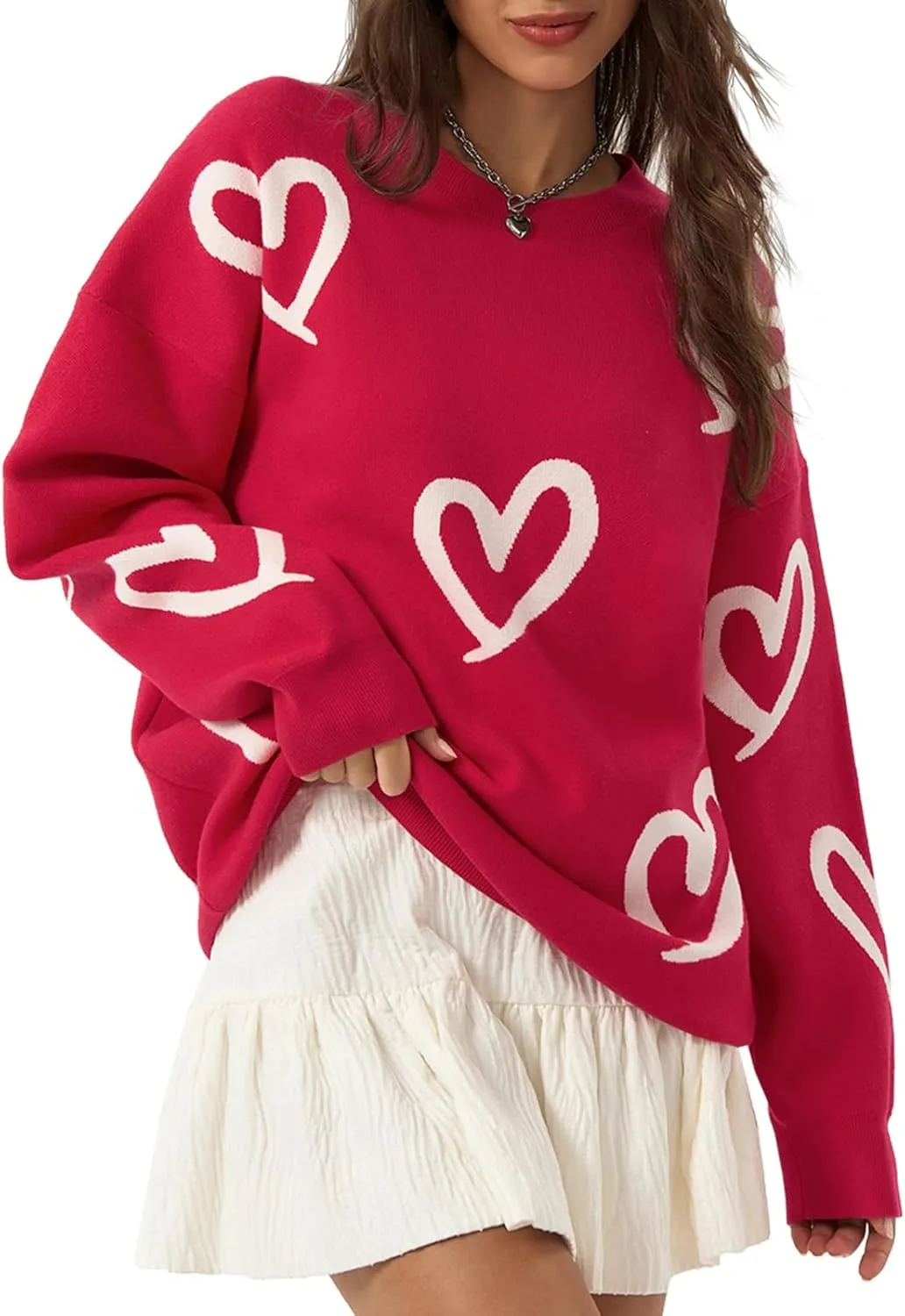 Saodimallsu Womens Oversized Heart Sweater Crew Neck Long Sleeve Knit Cute Valentines Pullover Sweaters