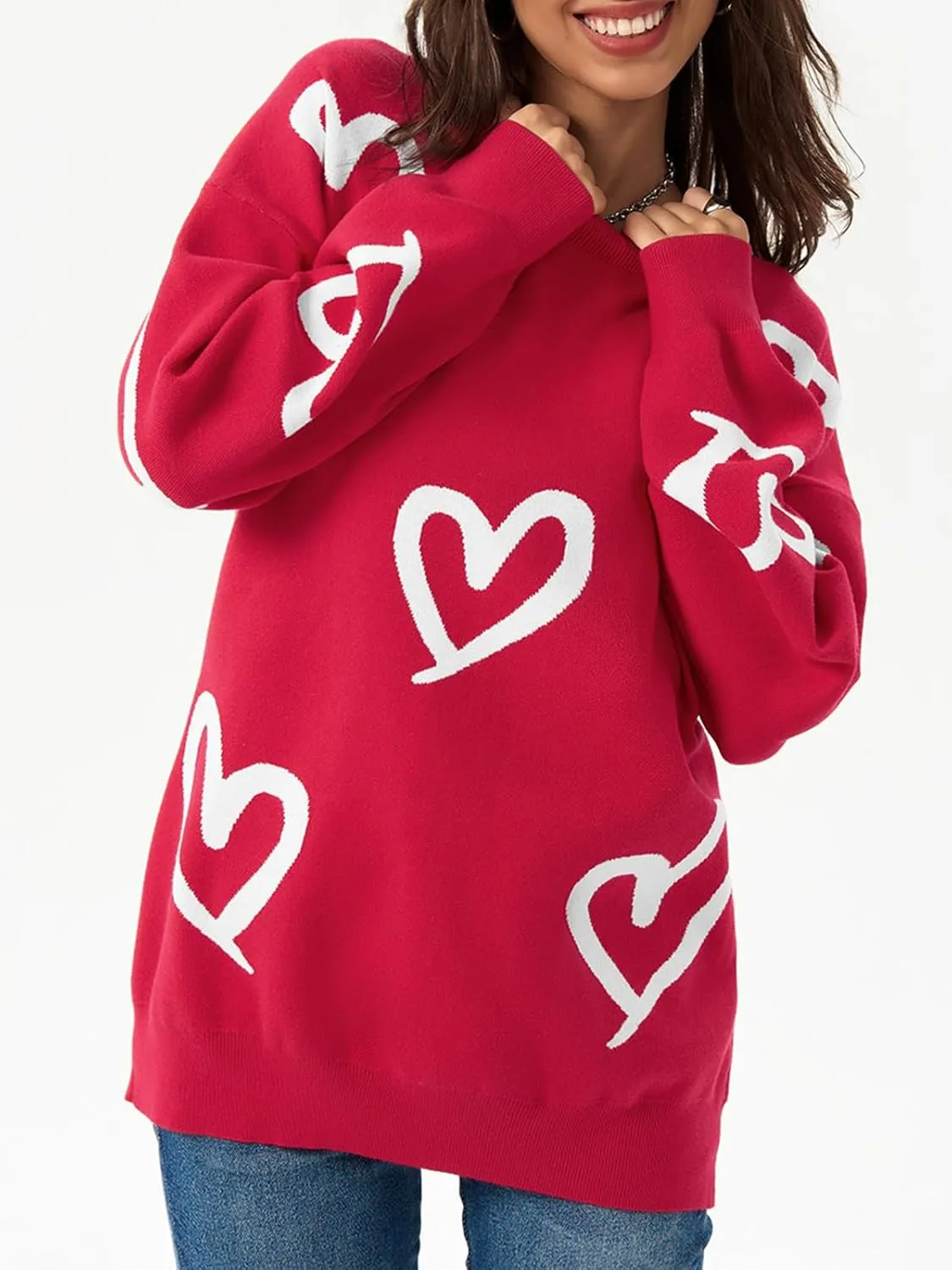 Saodimallsu Womens Oversized Heart Sweater Crew Neck Long Sleeve Knit Cute Valentines Pullover Sweaters