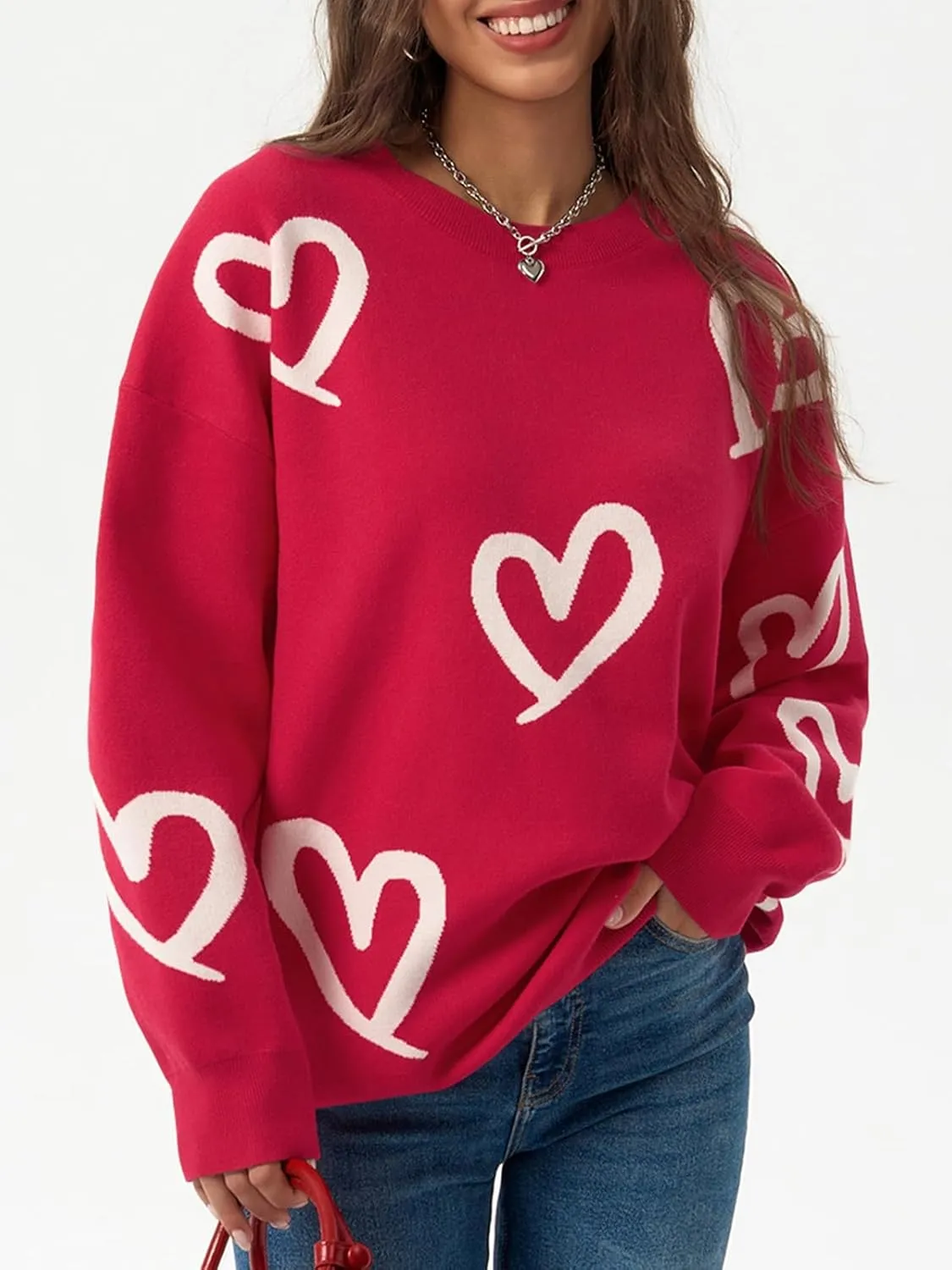 Saodimallsu Womens Oversized Heart Sweater Crew Neck Long Sleeve Knit Cute Valentines Pullover Sweaters