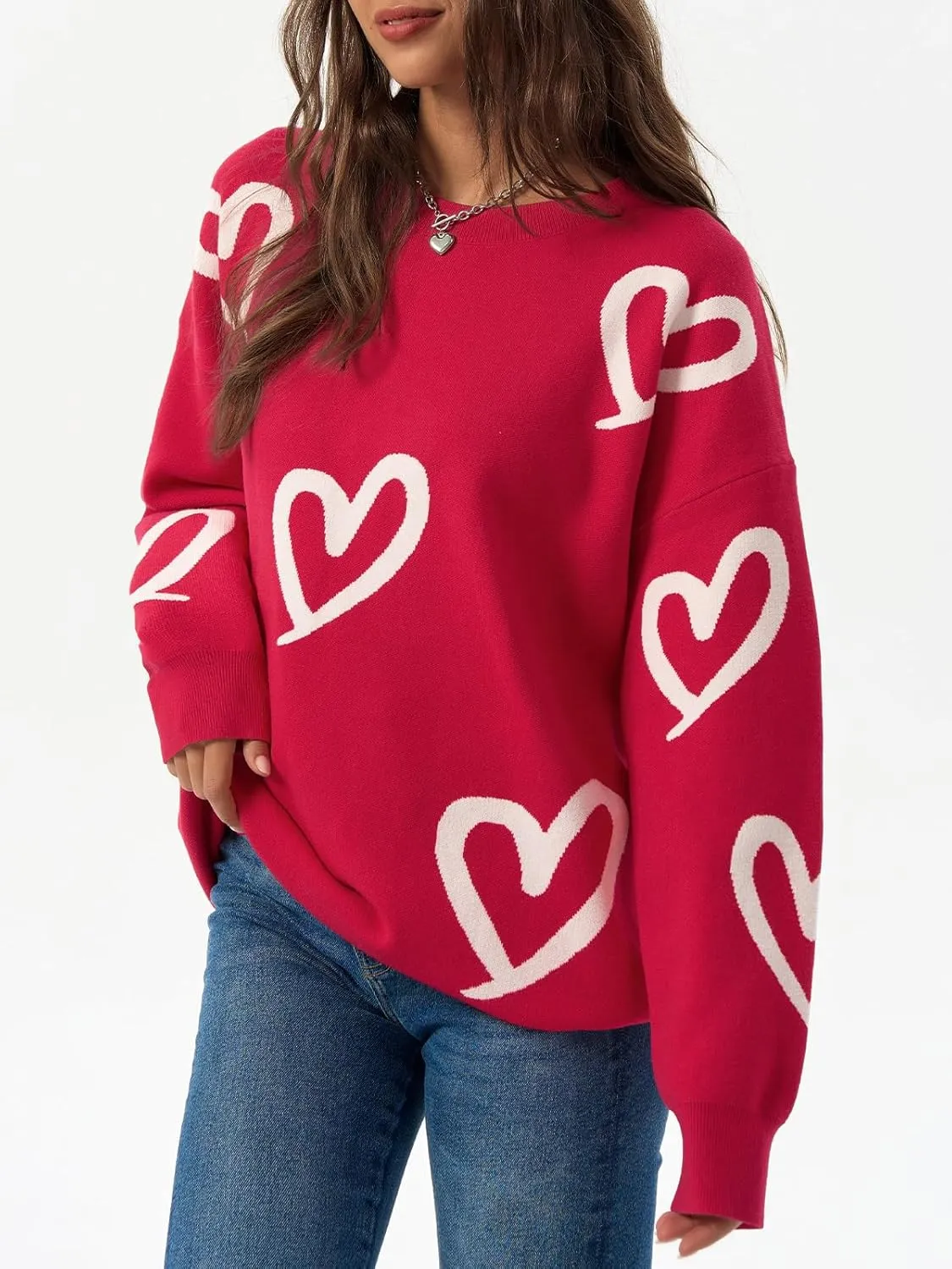 Saodimallsu Womens Oversized Heart Sweater Crew Neck Long Sleeve Knit Cute Valentines Pullover Sweaters