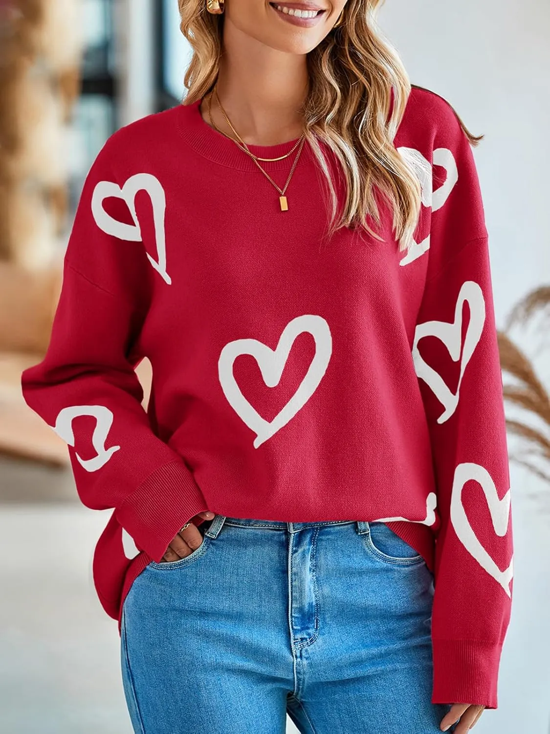 Saodimallsu Womens Oversized Heart Sweater Crew Neck Long Sleeve Knit Cute Valentines Pullover Sweaters