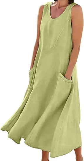 Sleeveless Maxi Long Beach Shirt Dress Women's Summer Casual Sleeveless Long Maxi Beach Dress Cotton Casual Dress
