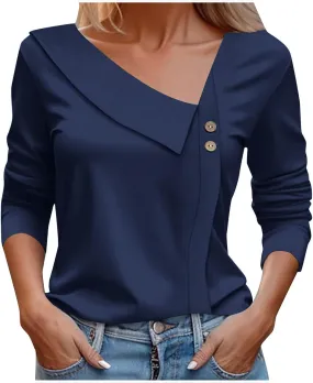 Spring Tops for Women Elegant Cozy Asymmetric Collared V Neck Blouses Dressy Work Casual Solid Color 3/4 Sleeve Shirt