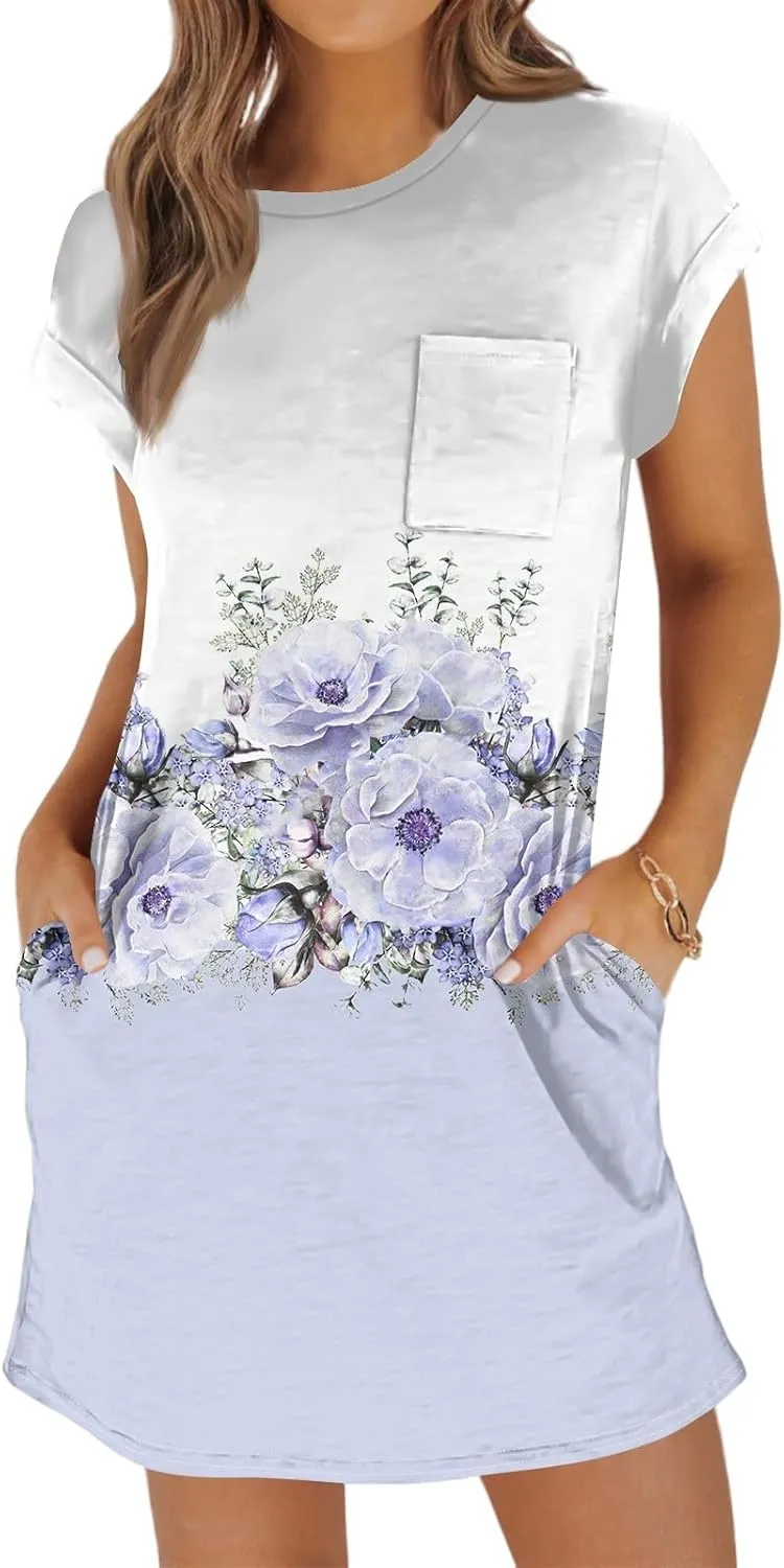 Summer Dresses for Women 2025s Casual Cap Sleeve Crewneck Loose Mini Dresses Casual Retro Beach T Shirt Dres