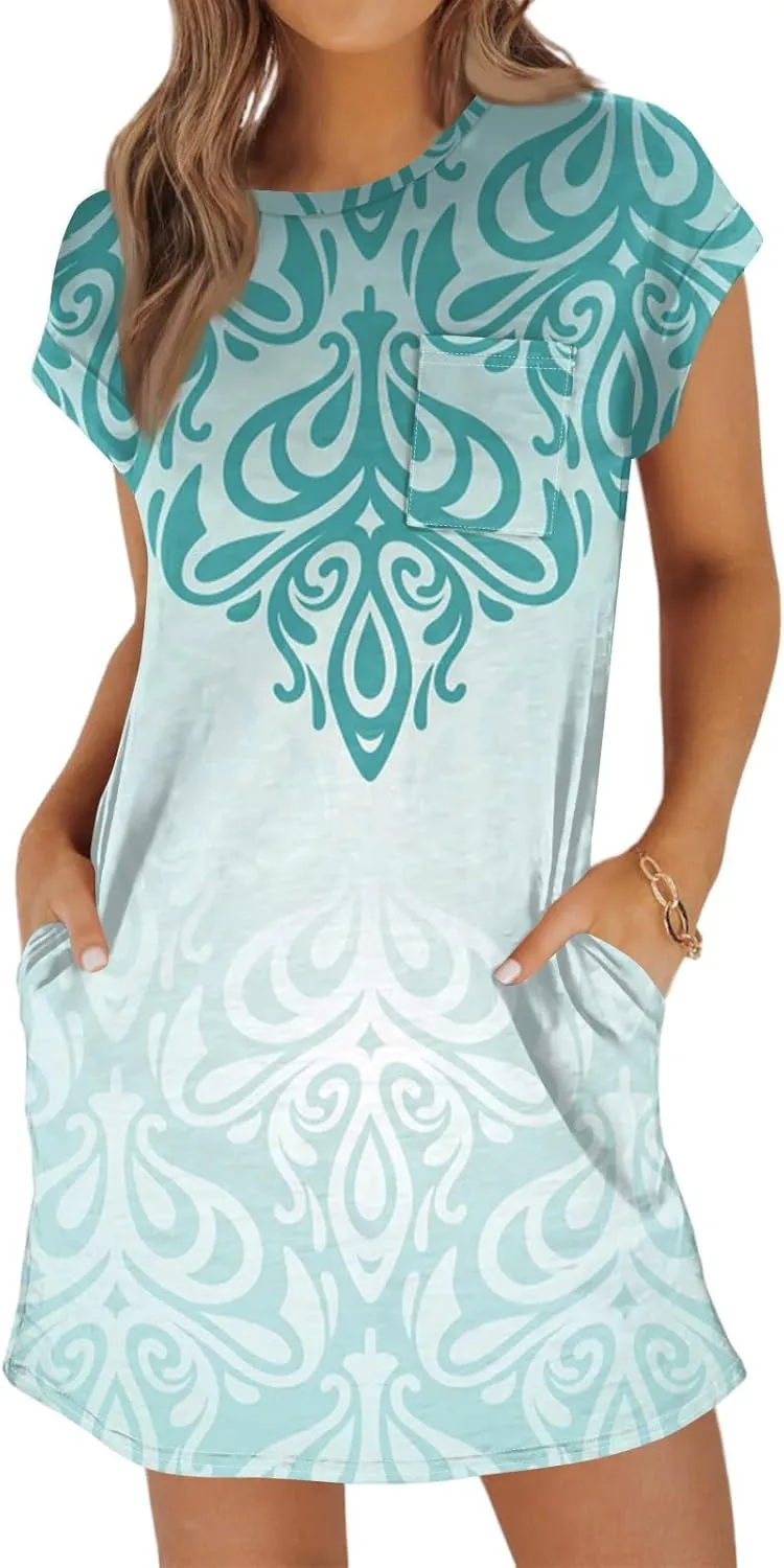 Summer Dresses for Women 2025s Casual Cap Sleeve Crewneck Loose Mini Dresses Casual Retro Beach T Shirt Dres