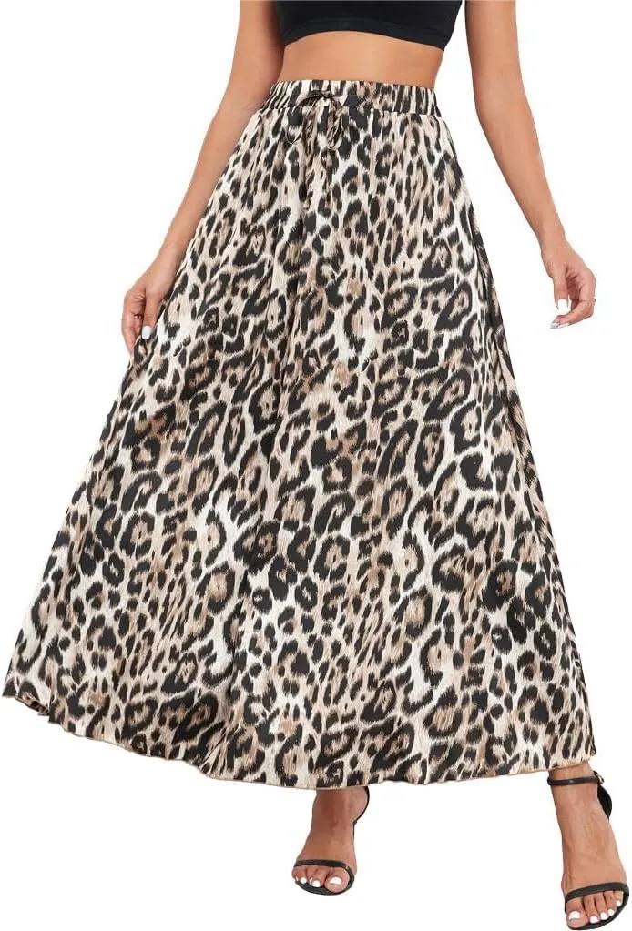 VintageClothing Long Skirts for Women Leopard Print Flowy Summer Flared A Line Maxi Skirts Elastic Waisted Trendy Dress