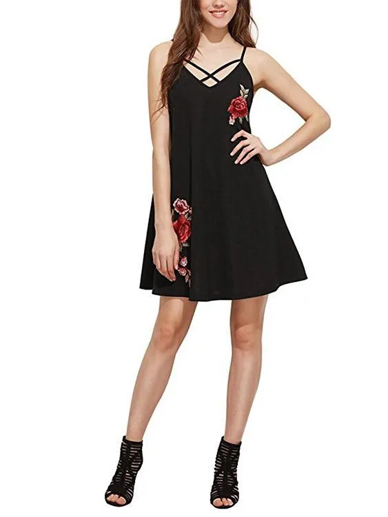 Wholesale Black V-Neck Sleeveless Embroidered Casual Dresses