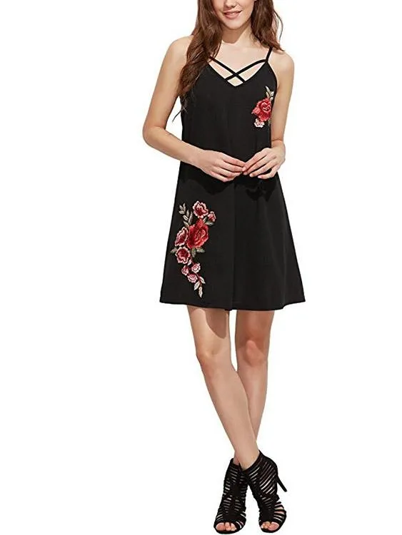 Wholesale Black V-Neck Sleeveless Embroidered Casual Dresses