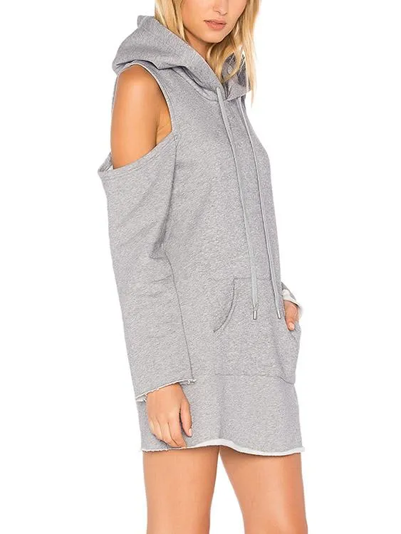 Wholesale Grey Crew Neck Cold Shoulder Long Sleeve Plain Hooded Casual Dresses