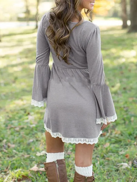 Wholesale Grey Round Neck Long Sleeve Lace Casual Dresses