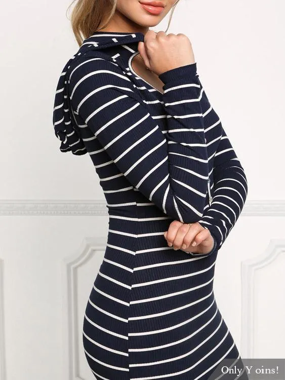 Wholesale Long Sleeve Stripe Hooded Slit Hem Casual Dress