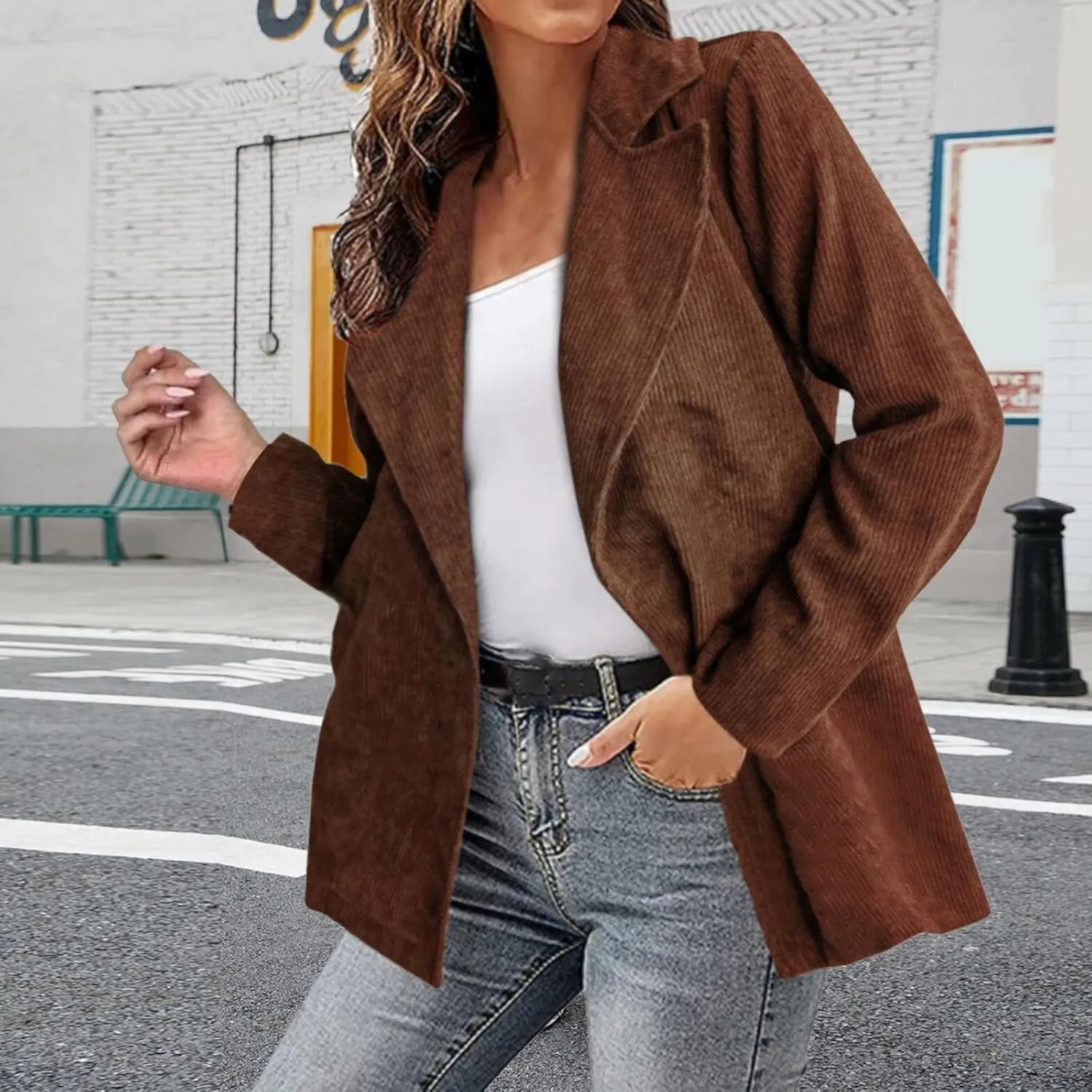 Women Lapel Corduroy Blazer 2024 Fashion Fall Winter Chunky Warm Jacket Cozy Work Office Long Sleeve Oversize Outwear