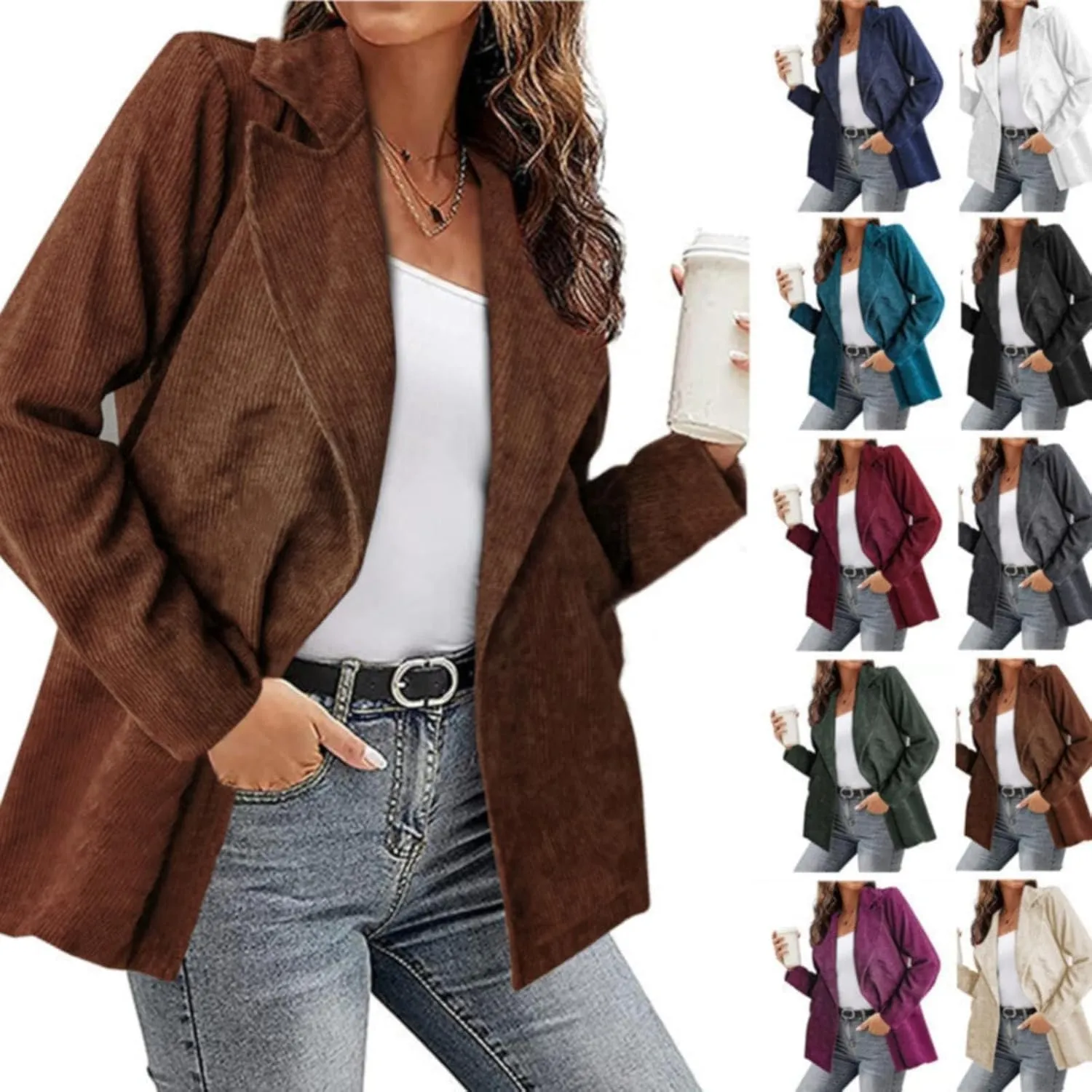 Women Lapel Corduroy Blazer 2024 Fashion Fall Winter Chunky Warm Jacket Cozy Work Office Long Sleeve Oversize Outwear