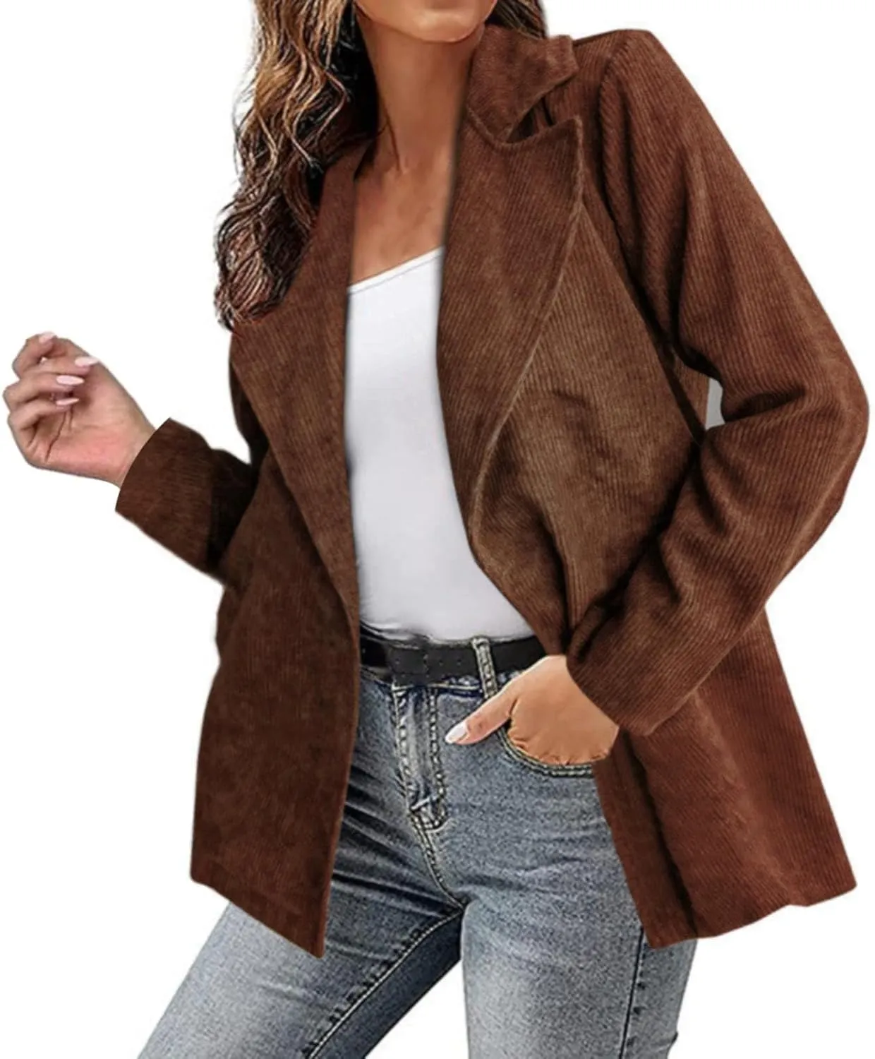 Women Lapel Corduroy Blazer 2024 Fashion Fall Winter Chunky Warm Jacket Cozy Work Office Long Sleeve Oversize Outwear