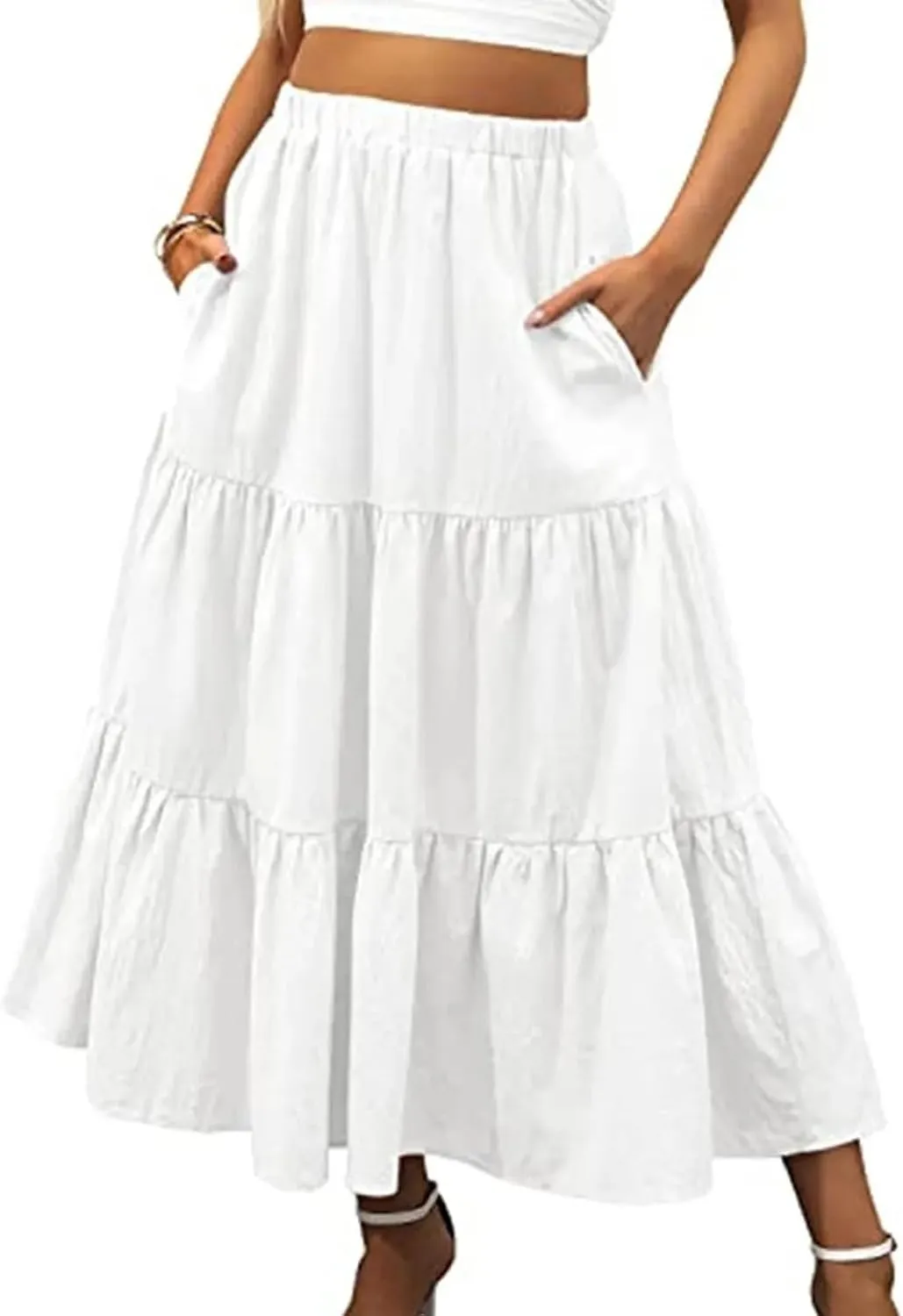 Women Long Skirt Boho Elastic Waist Pleated A-Line Flowy Swing Tiered Long Beach Dress Comfortable Simple