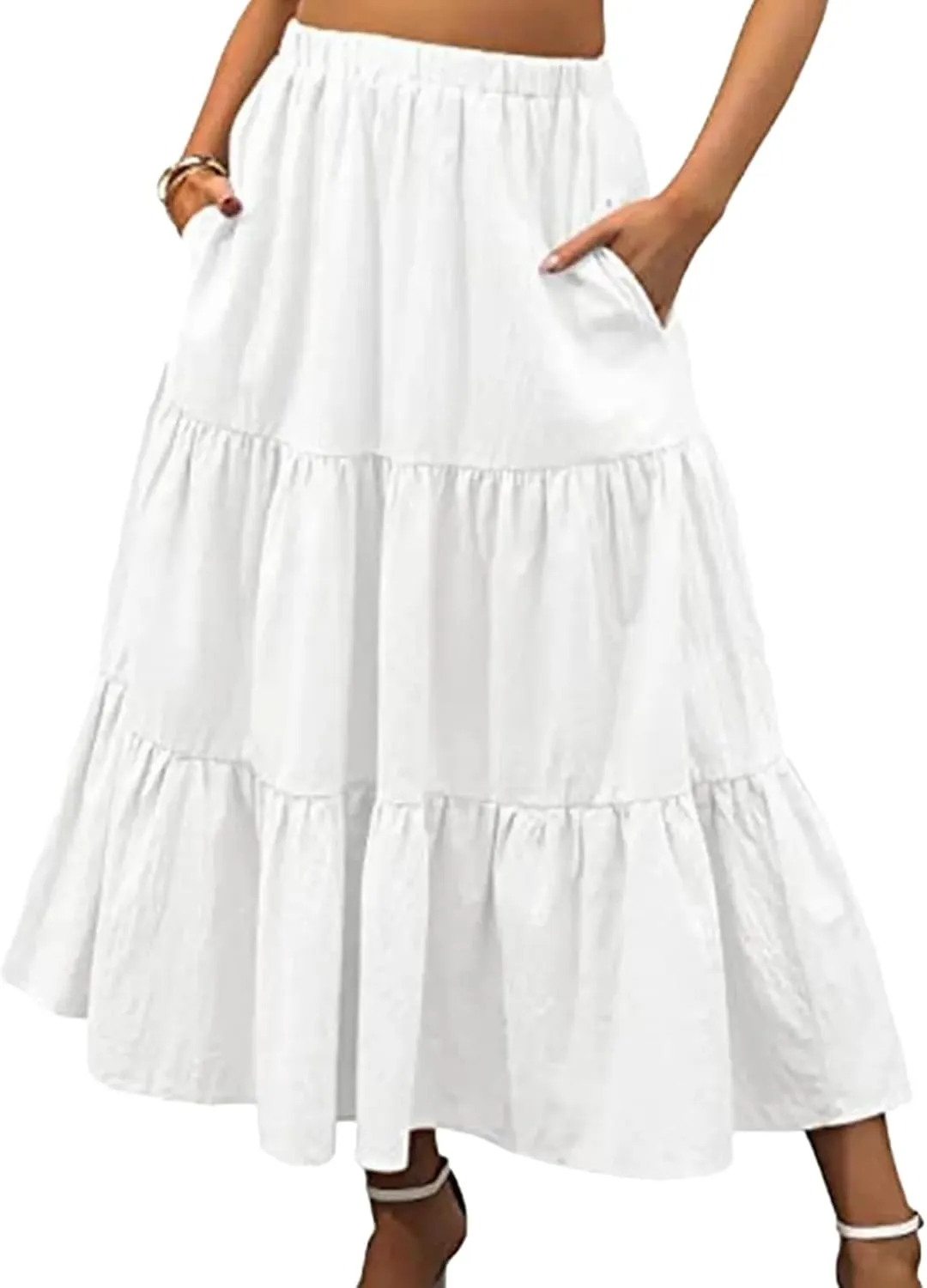 Women Long Skirt Boho Elastic Waist Pleated A-Line Flowy Swing Tiered Long Beach Dress Comfortable Simple