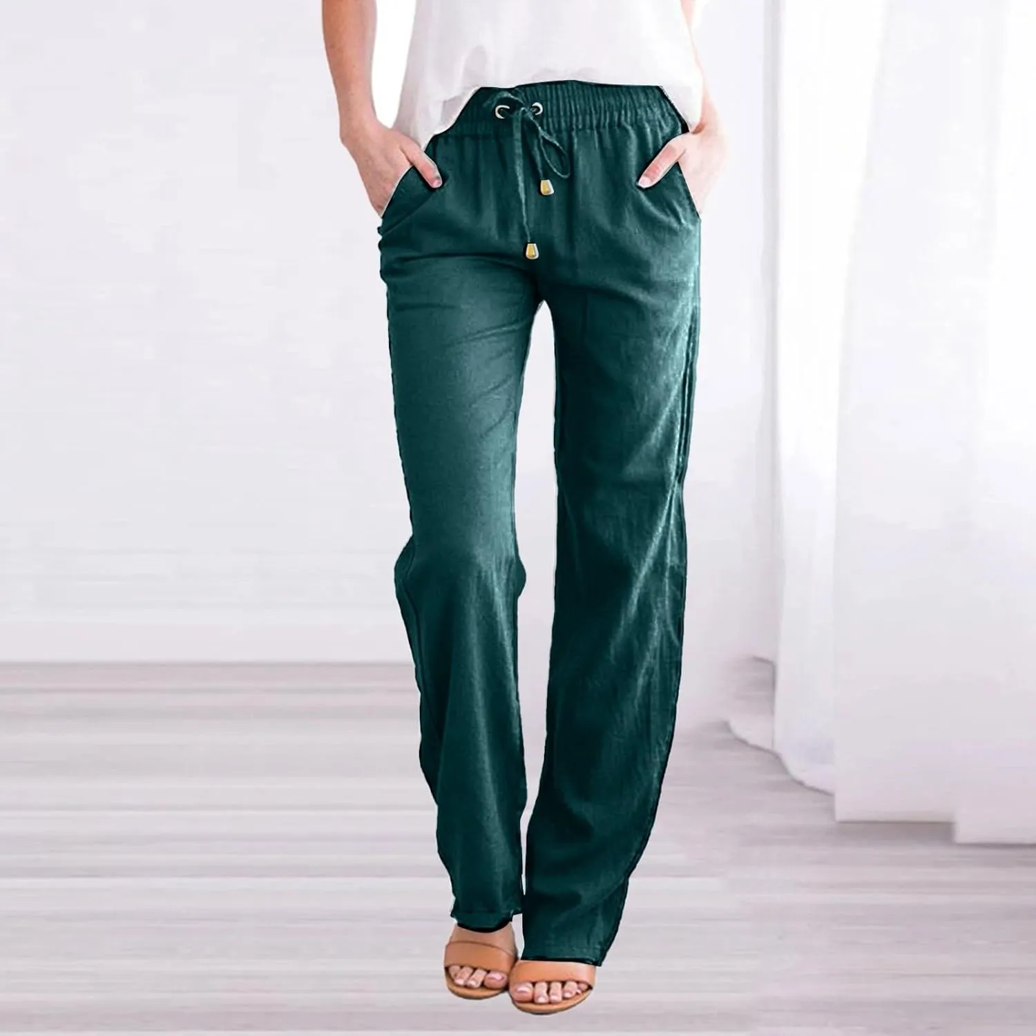 Women Trouser Pants Straight Leg Plus Size Wide Leg Stretch Pants Loose Lounge Pants Cotton Linen Trendy Sweatpant