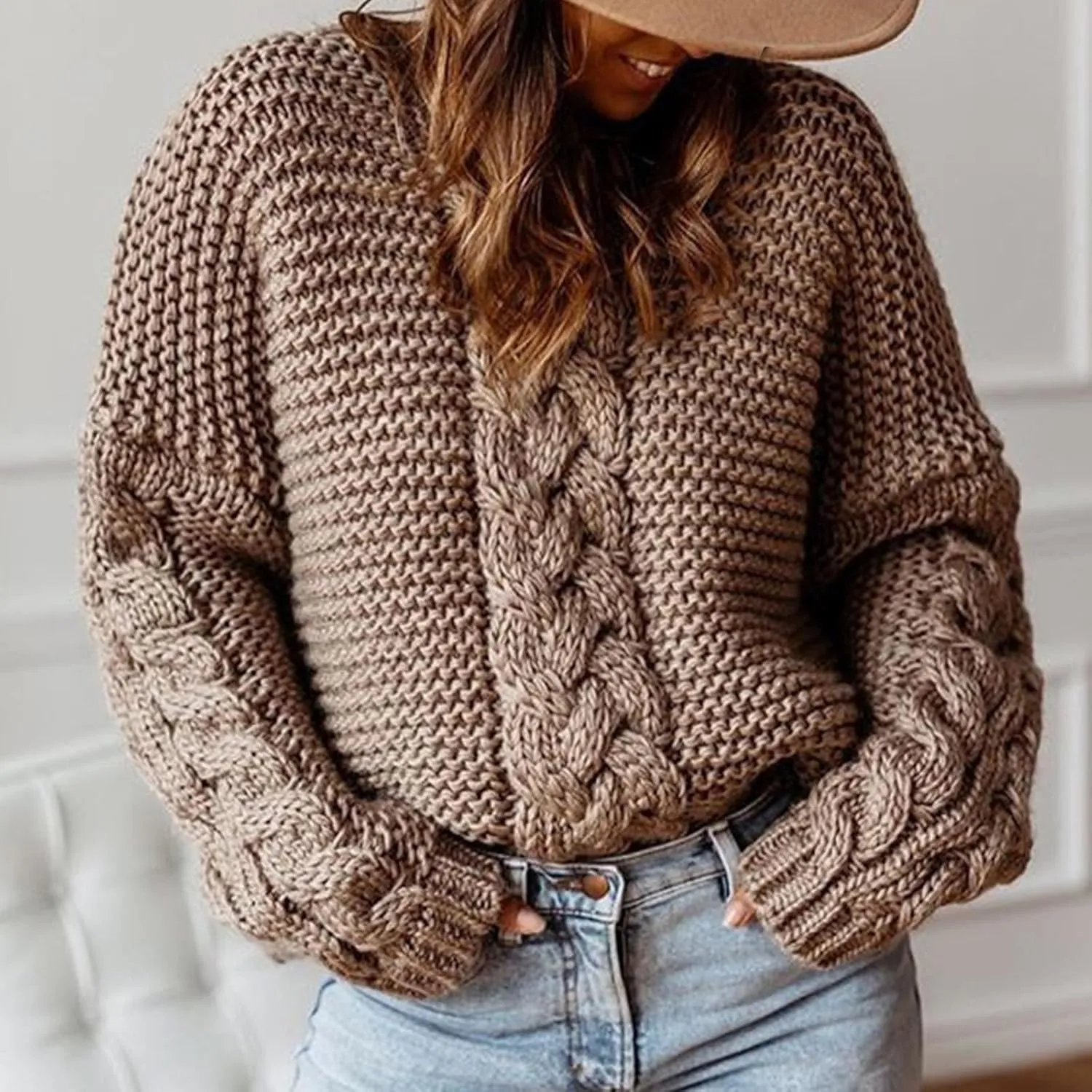 Womens Cable Knit Sweaters Fashion 2024 Loose Casual Cozy Chunky Pullover Tops Crewneck Knitted Winter Sweater