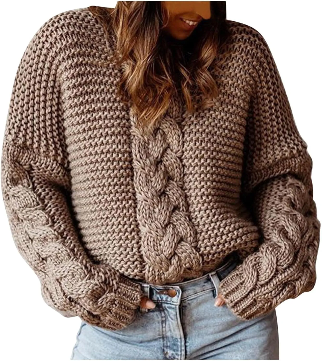 Womens Cable Knit Sweaters Fashion 2024 Loose Casual Cozy Chunky Pullover Tops Crewneck Knitted Winter Sweater