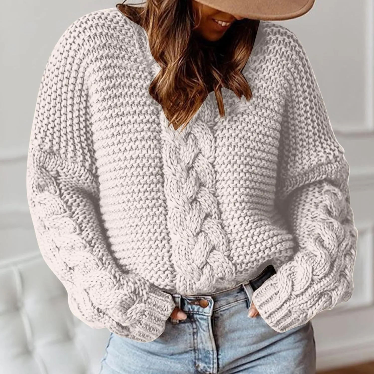 Womens Cable Knit Sweaters Fashion 2024 Loose Casual Cozy Chunky Pullover Tops Crewneck Knitted Winter Sweater
