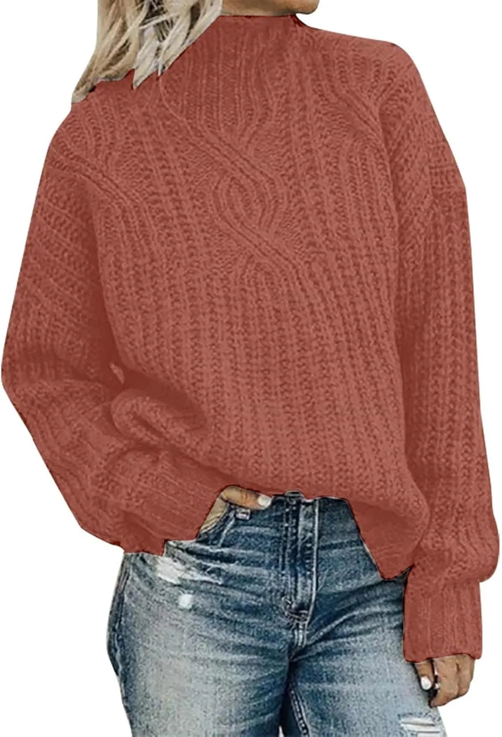 Women's Casual Loose Fitted High Neck Long Sleeve Sweaters Trendy Solid Color Thick Warm Simple Versatile Pullover Turtleneck